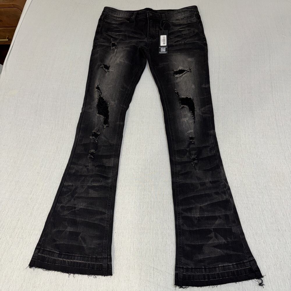 Rockstar Original Men Florence Flare Stacked Size 36 Black Raw Hem 35x36 NWT